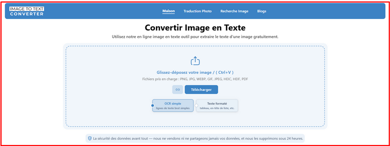 Page d’accueil d’Image to Text Converter
