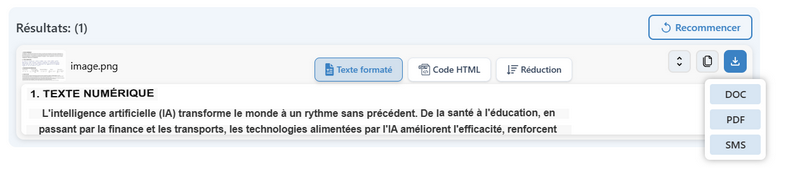 Résultat de la conversion avec export DOC, PDF et SMS