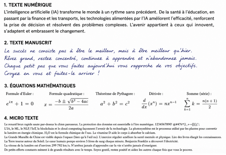 Image de test contenant texte numérique, texte manuscrit, microtexte et équations mathématiques