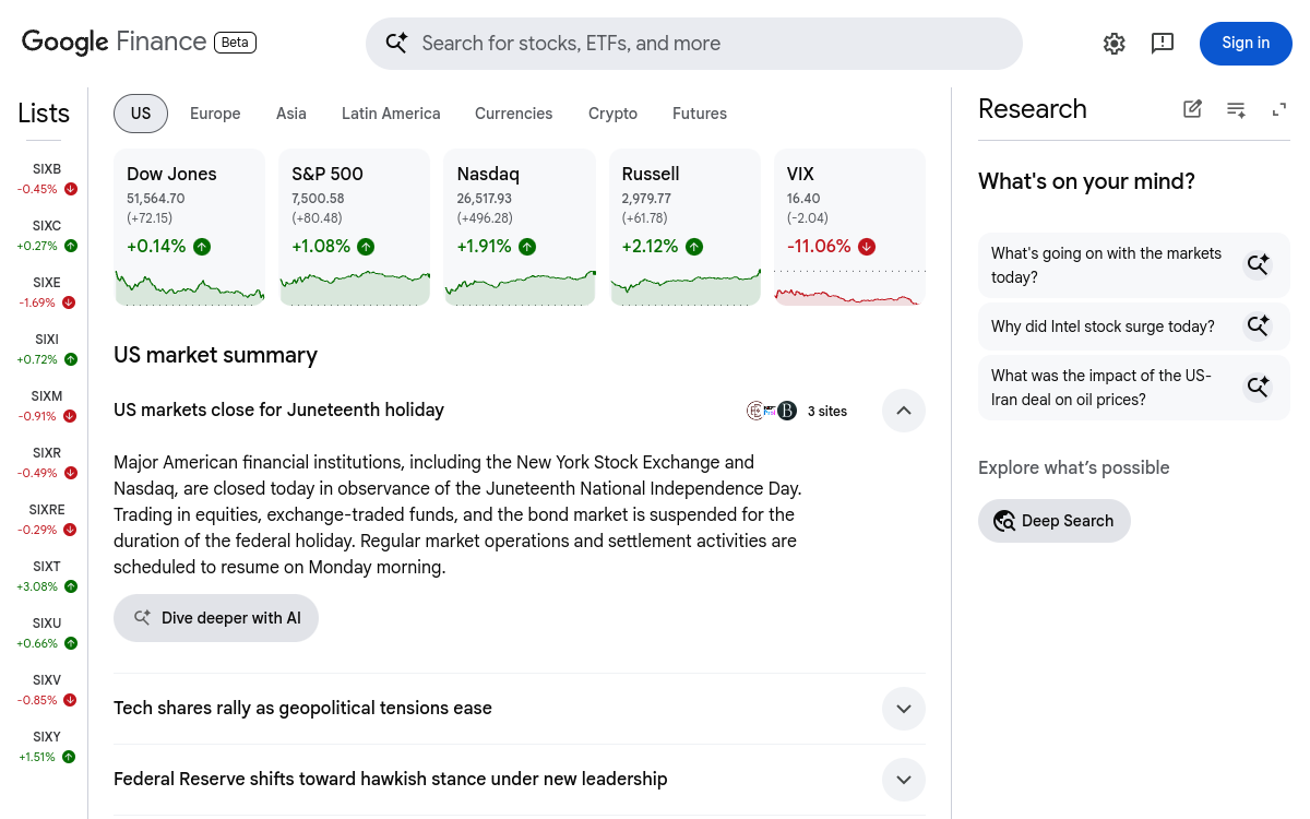 Capture d'écran de Google Finance AI