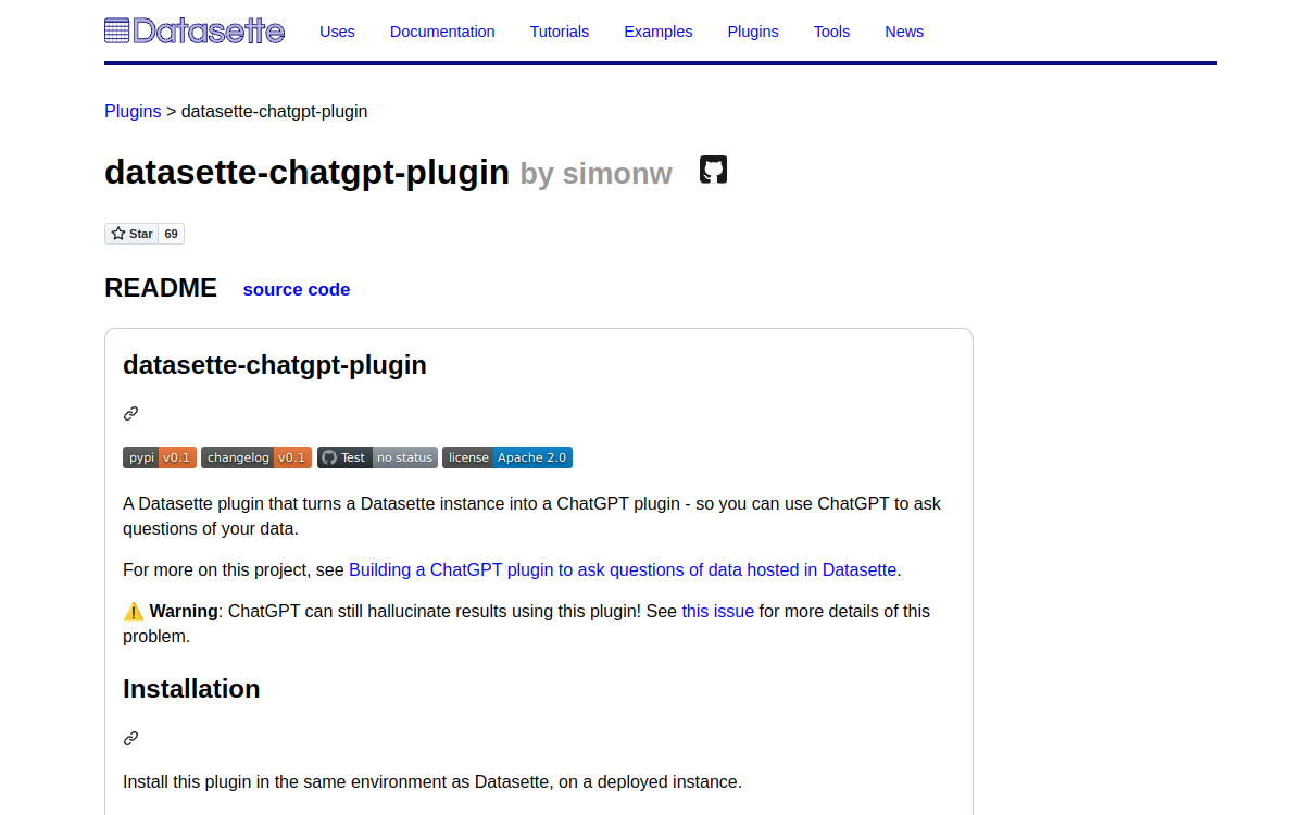 Capture d'écran de Datasette ChatGPT Plugin