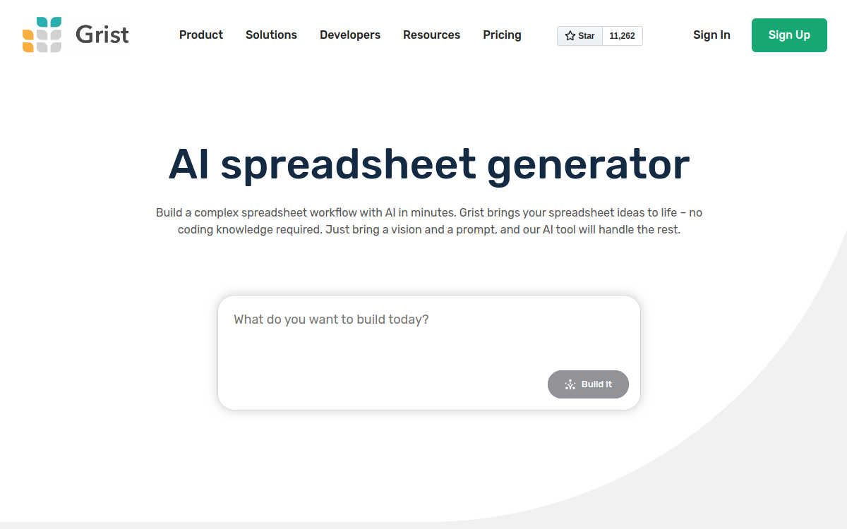 Capture d'écran de Grist AI Spreadsheet Generator