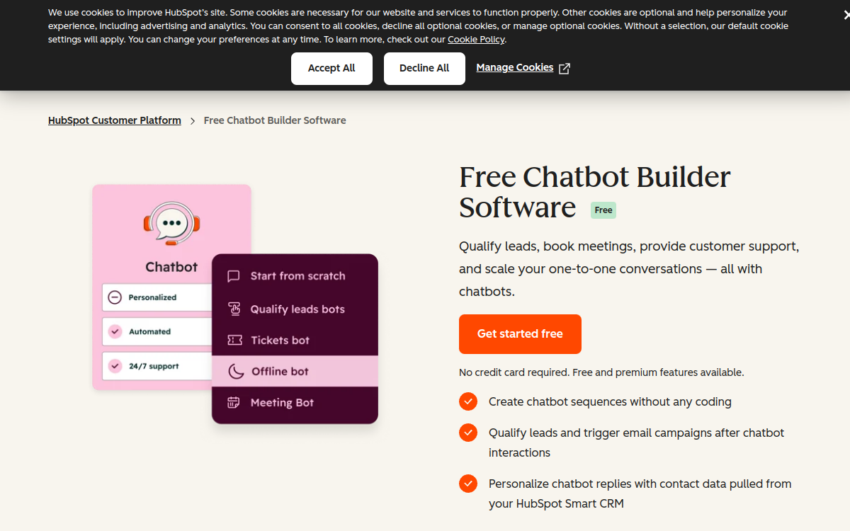 Capture d'écran de HubSpot Chatbot Builder