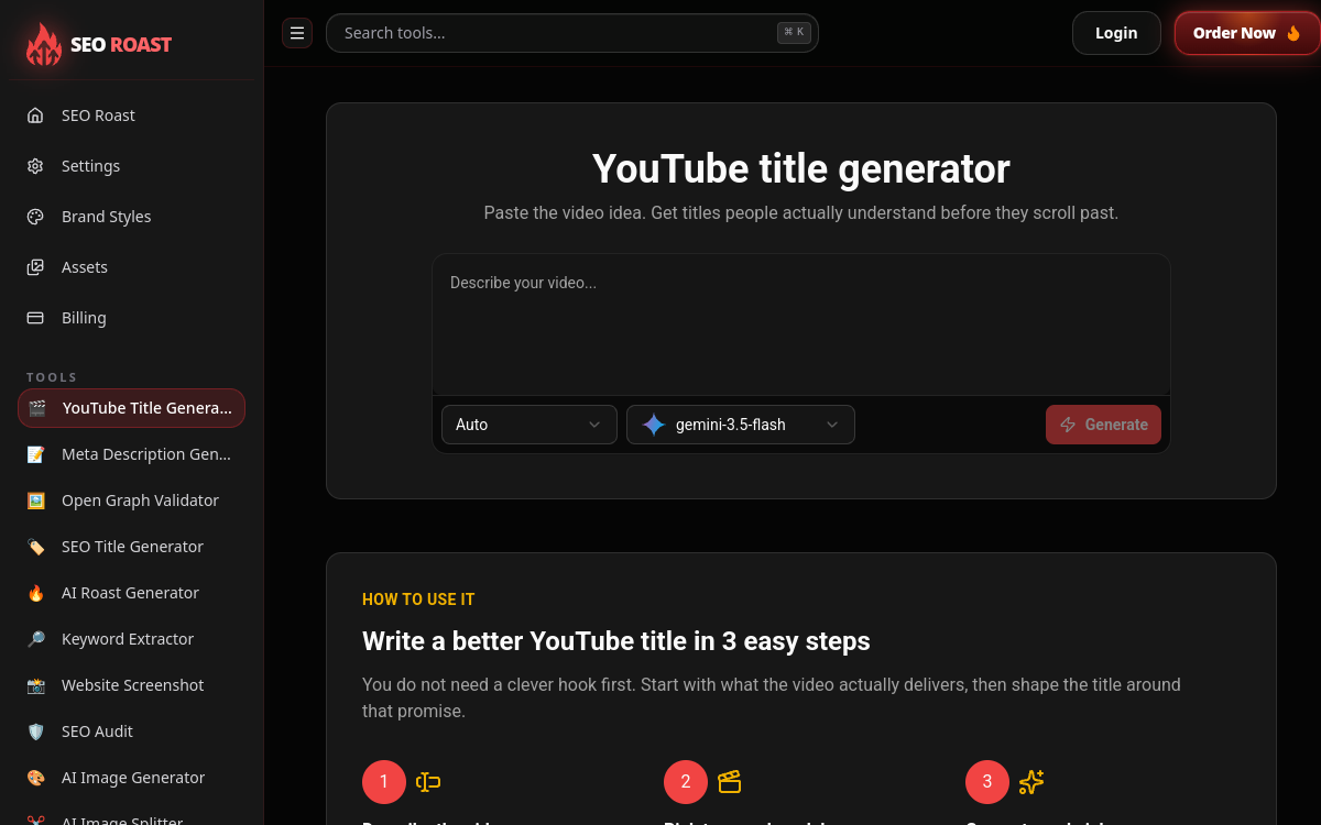 Capture d'écran de YouTube Title Generator (SEORoast)