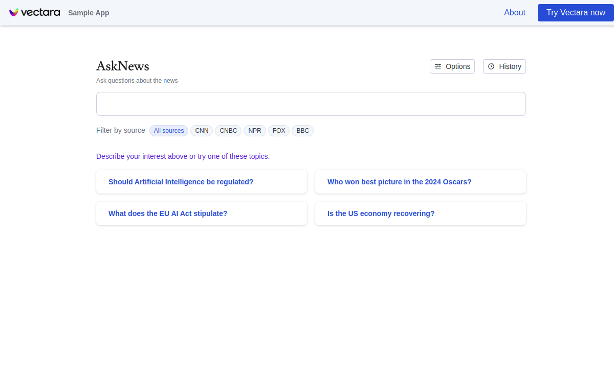 Capture d'écran de Vectara AskNews