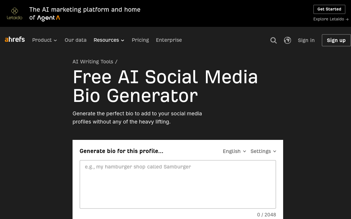 Capture d'écran de Ahrefs AI Bio Generator
