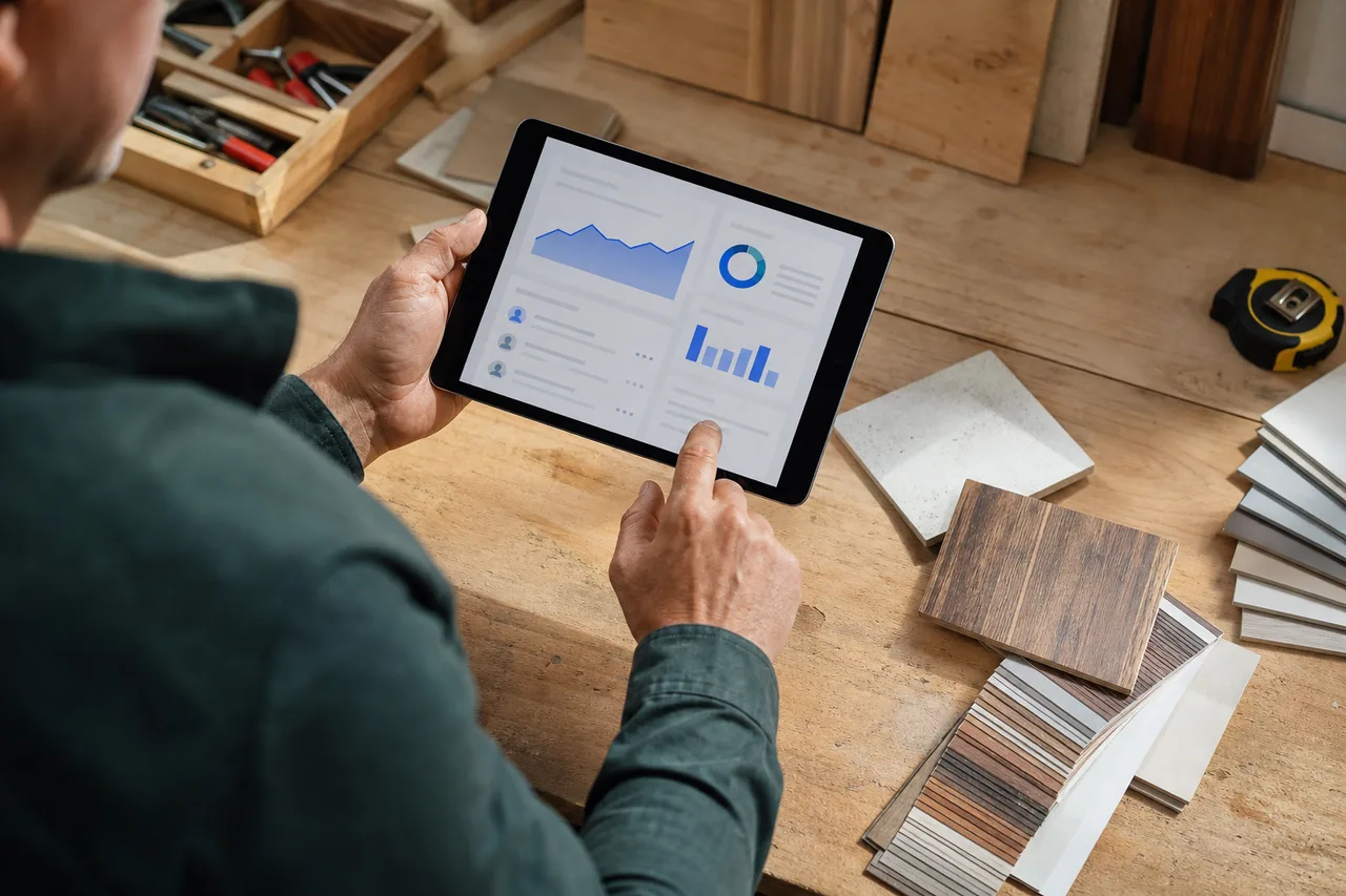 Artisan suivant les performances de son site internet et ses demandes de contact sur tablette
