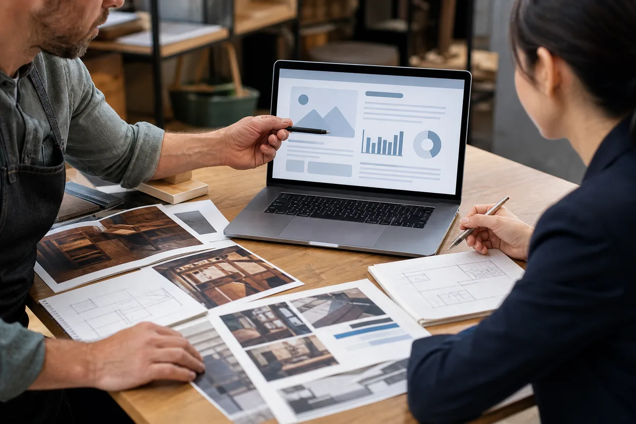 Artisan et spécialiste web validant ensemble des contenus de site générés par IA