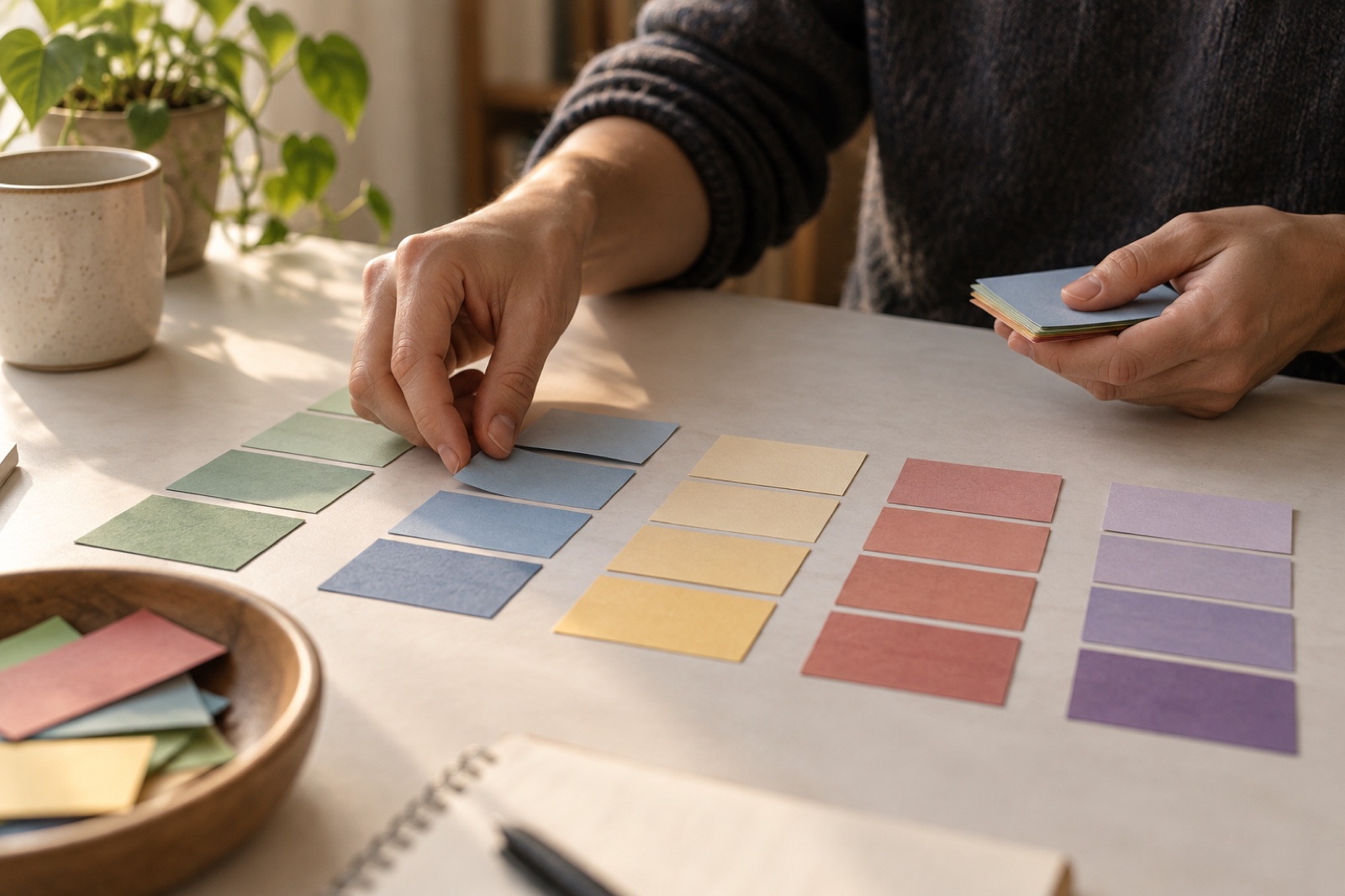 Mains classant des fiches colorées en colonnes sur un bureau clair