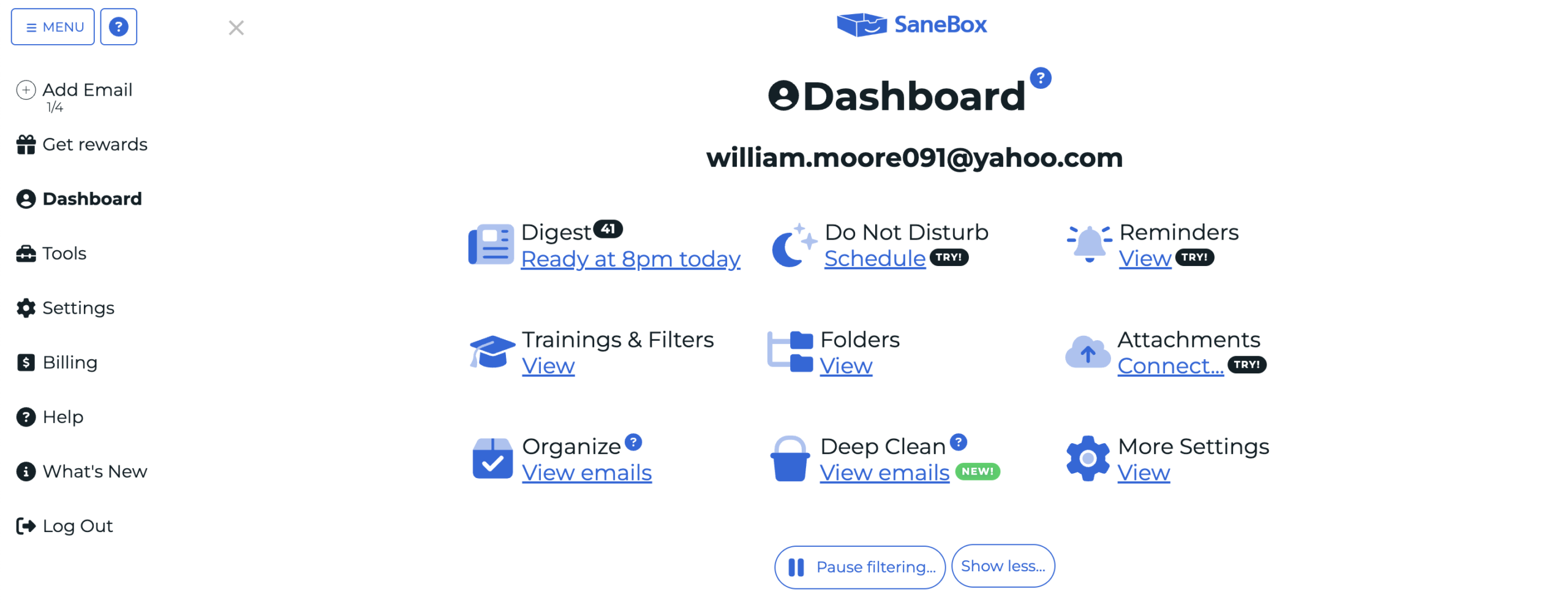 Tableau de bord SaneBox avec Digest, Do Not Disturb, Reminders, Folders, Attachments et Deep Clean